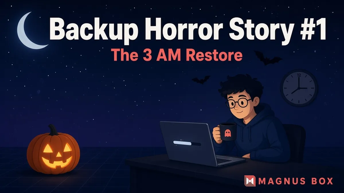 Backup Horror Story #1, The 3 AM Restore: an MSP tech working at a laptop late at night next to a clock and a jack-o'-lantern