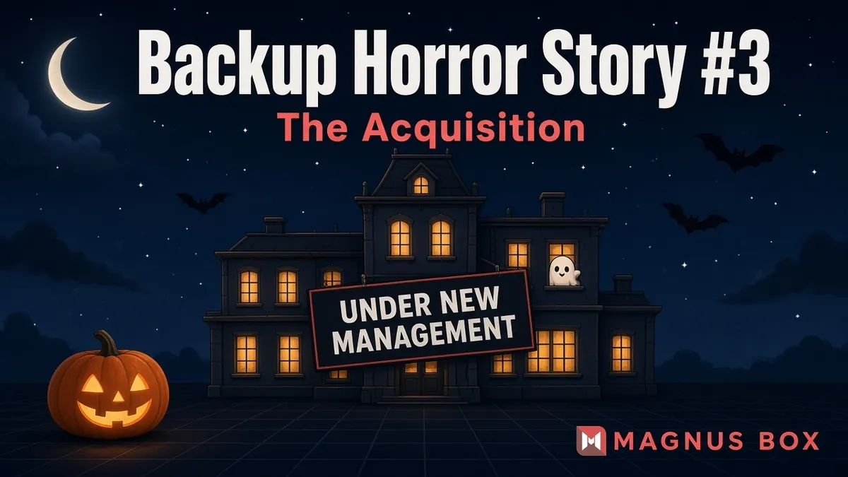 Backup Horror Story #3, The Acquisition: a dark, haunted office building with an Under New Management sign