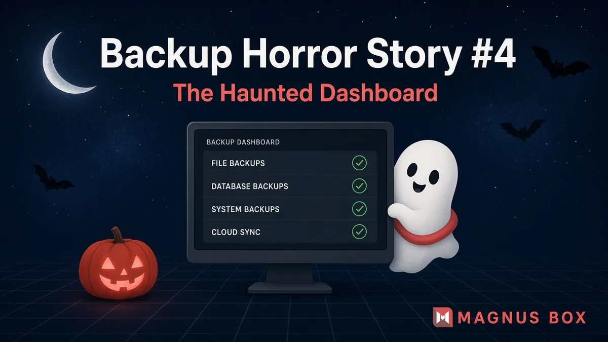 Backup Horror Story #4, The Haunted Dashboard: a backup dashboard showing all green checkmarks while a ghost peeks around the monitor
