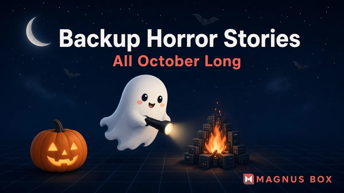 Backup Horror Stories, All October Long: a friendly ghost with a flashlight beside a jack-o'-lantern and a campfire of server boxes, with the Magnus Box logo