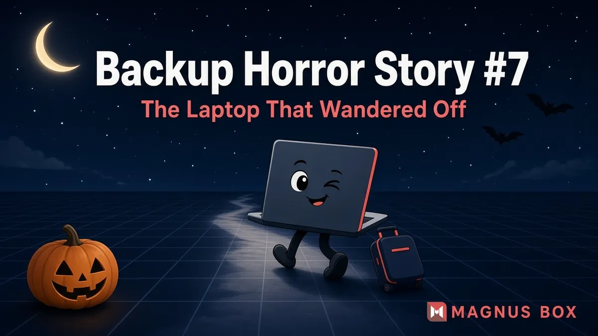 Backup Horror Story #7, The Laptop That Wandered Off: a cartoon laptop walking away pulling a rolling suitcase