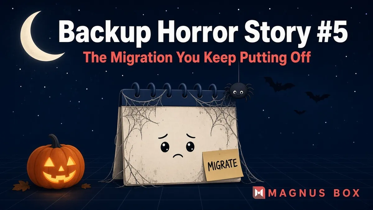 Backup Horror Story #5, The Migration You Keep Putting Off: a cobweb-covered desk calendar with a sticky note that says Migrate