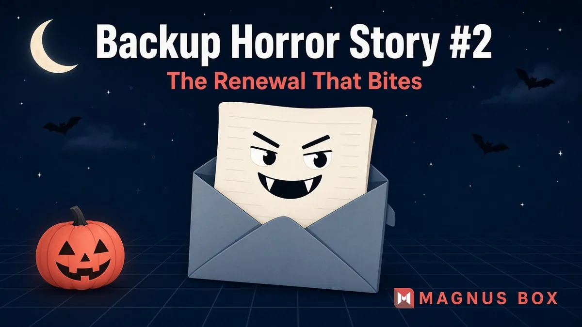 Backup Horror Story #2, The Renewal That Bites: a renewal envelope with vampire fangs next to a jack-o'-lantern