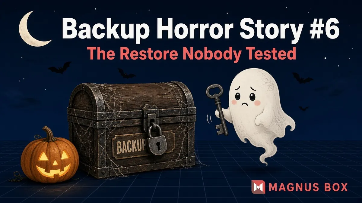 Backup Horror Story #6, The Restore Nobody Tested: a ghost holding a key next to a padlocked chest labeled Backup