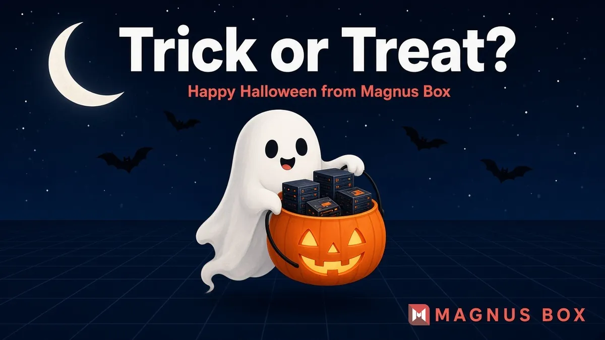 Trick or Treat? A ghost holding a jack-o'-lantern candy bucket, Happy Halloween from Magnus Box