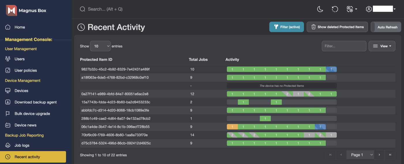 The Magnus Box console showing recent backup activity across protected devices, with completed jobs