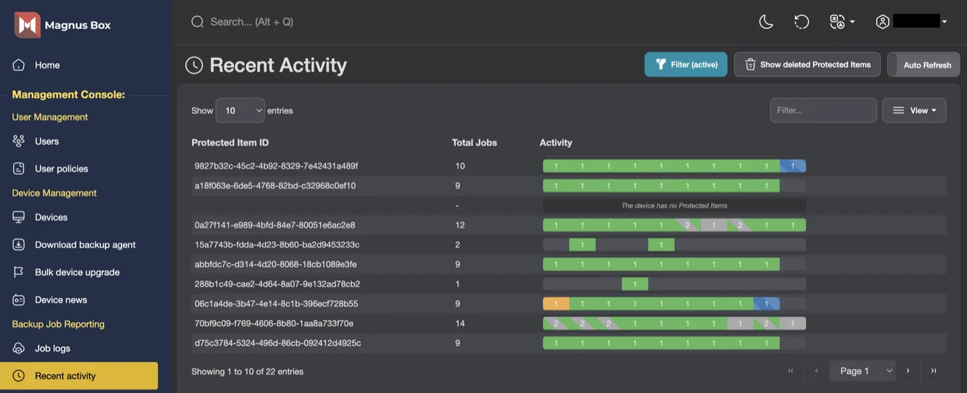The Magnus Box console showing recent backup activity across protected devices, with completed jobs