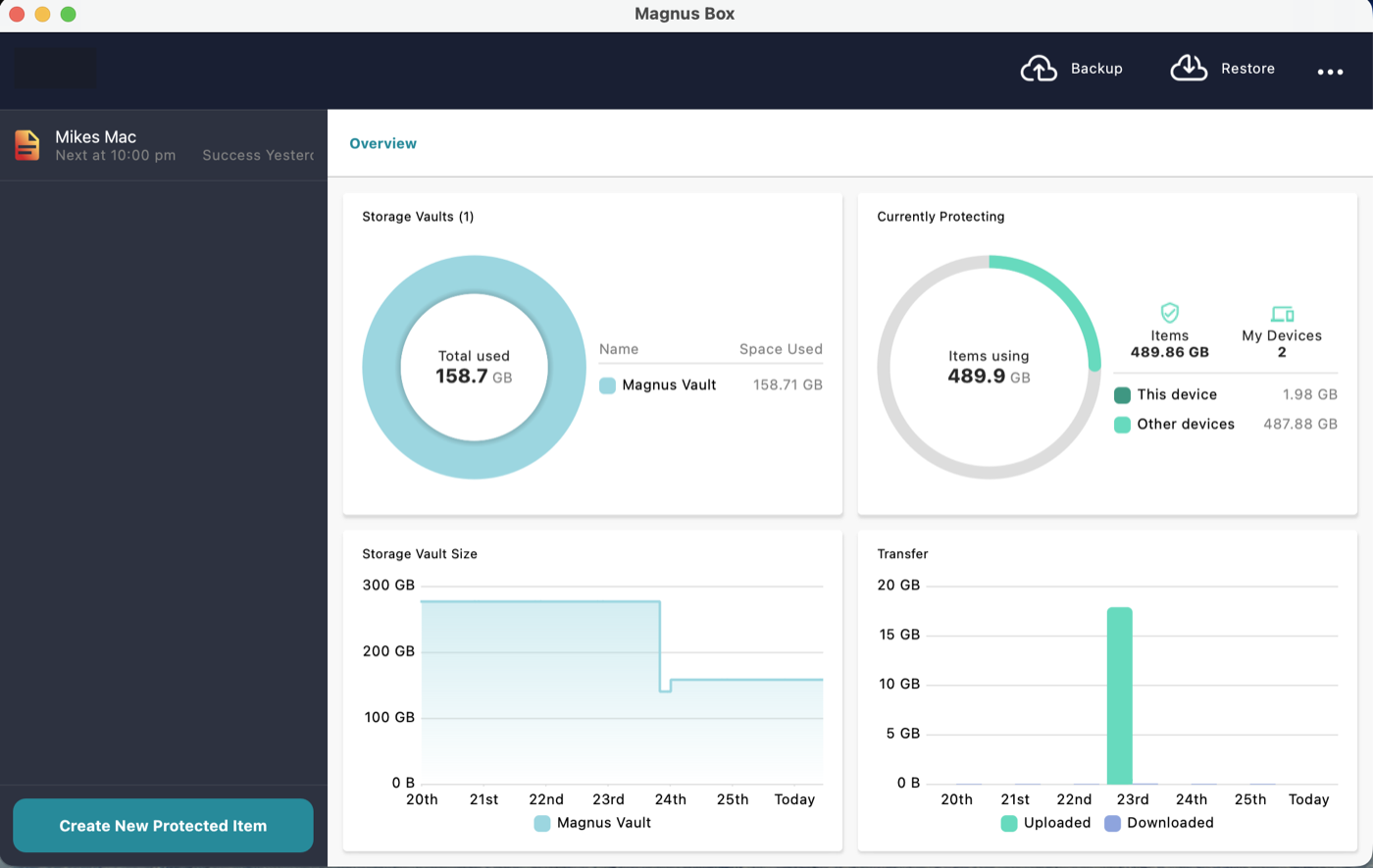 Backup agent overview showing storage used, items protected and transfer history