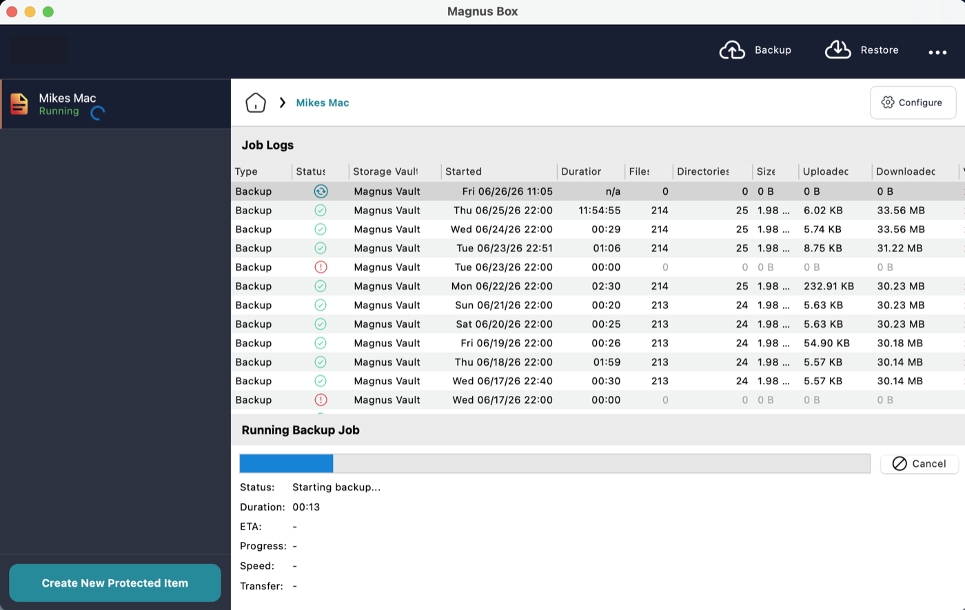 Job logs showing a history of completed backups with duration, size and status