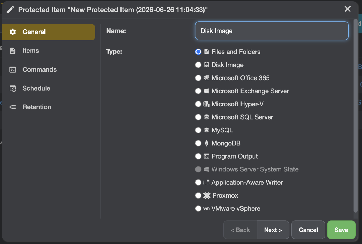 Choosing a backup type: files and folders, disk image, Microsoft 365, Exchange, Hyper-V, SQL, Proxmox, VMware and more